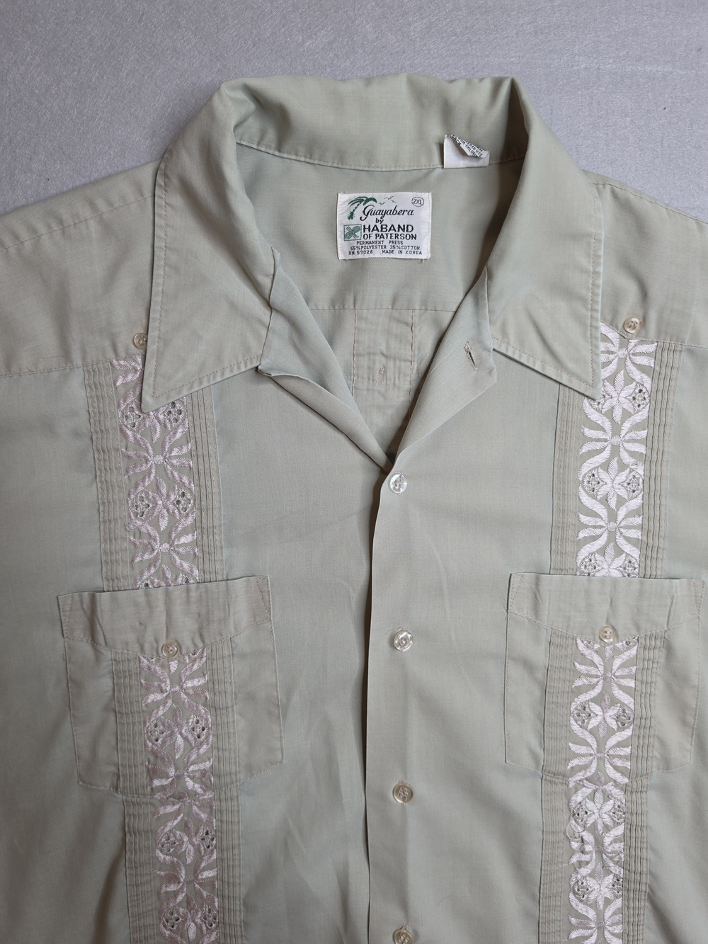 Haband Men's Light Sage Guayabera Button-Down Shirt with White Embroidery 2XL